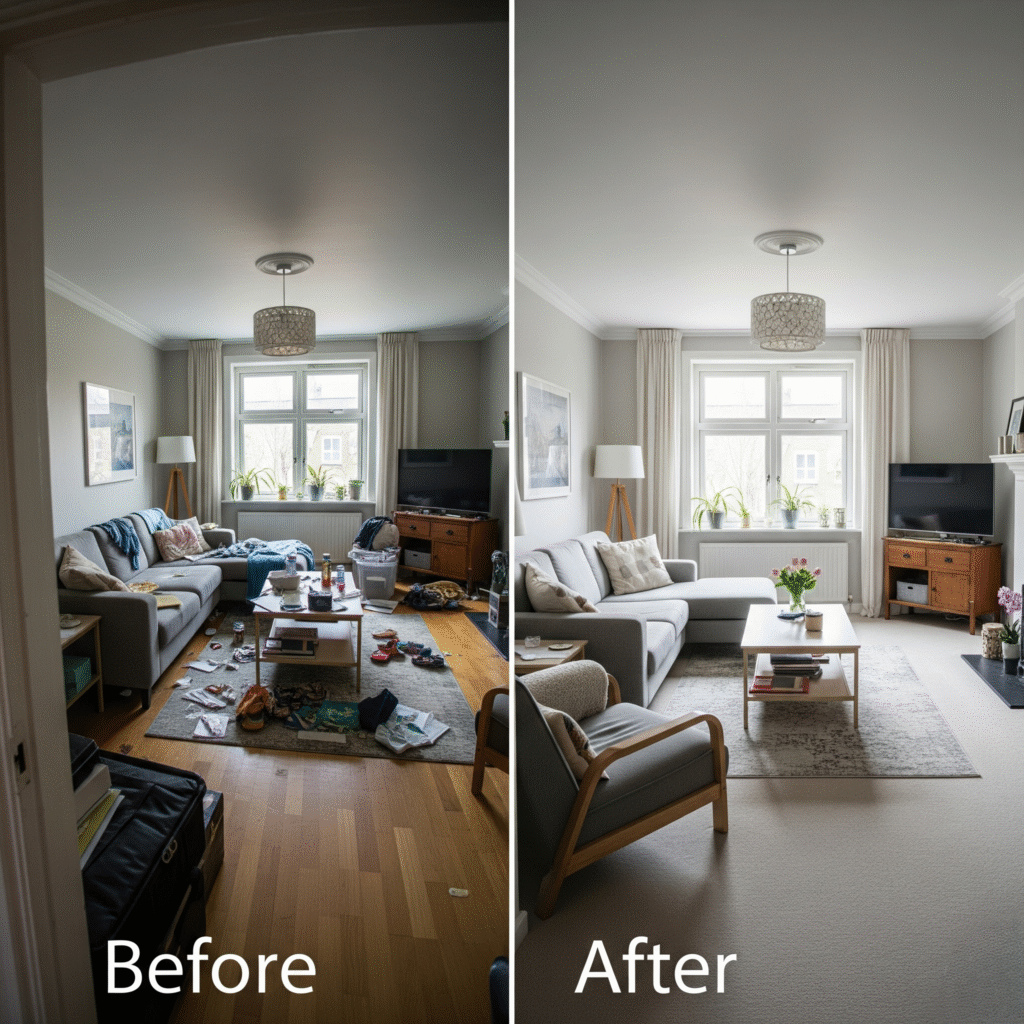 Before and after photo of a cleaned living room.