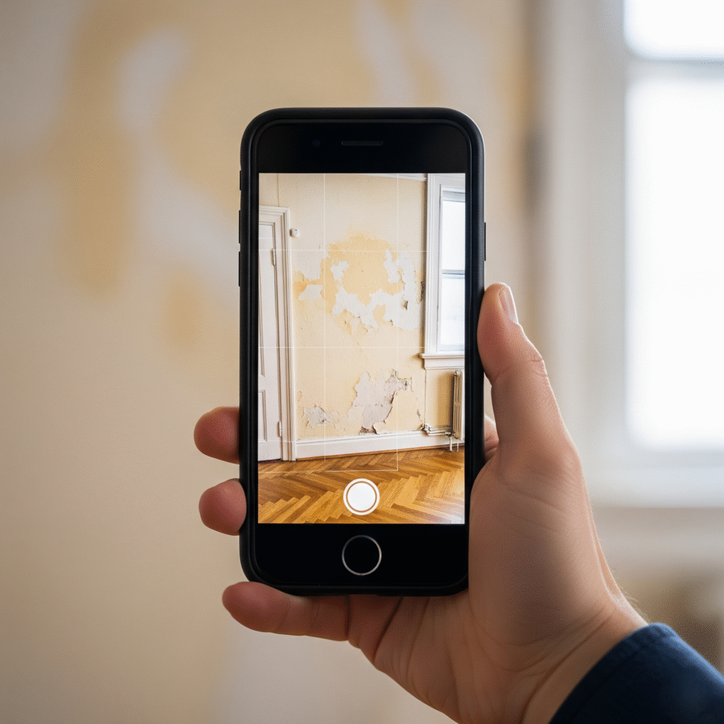 Photo of a tenant taking pictures with a phone as documentation.
