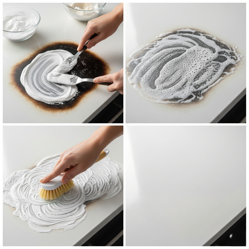 applying and scrubbing baking soda paste.