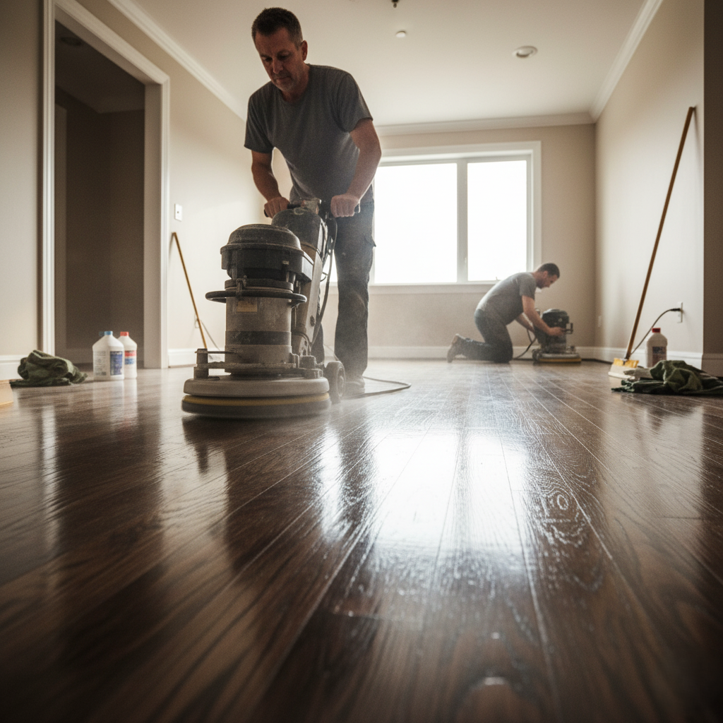 Hardwood floor being polished by a professional.