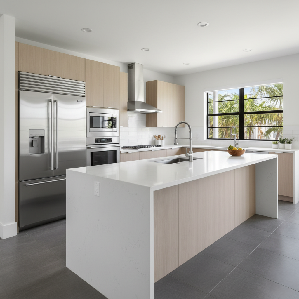 Modern Airbnb kitchen with stainless steel appliances and clean countertops.