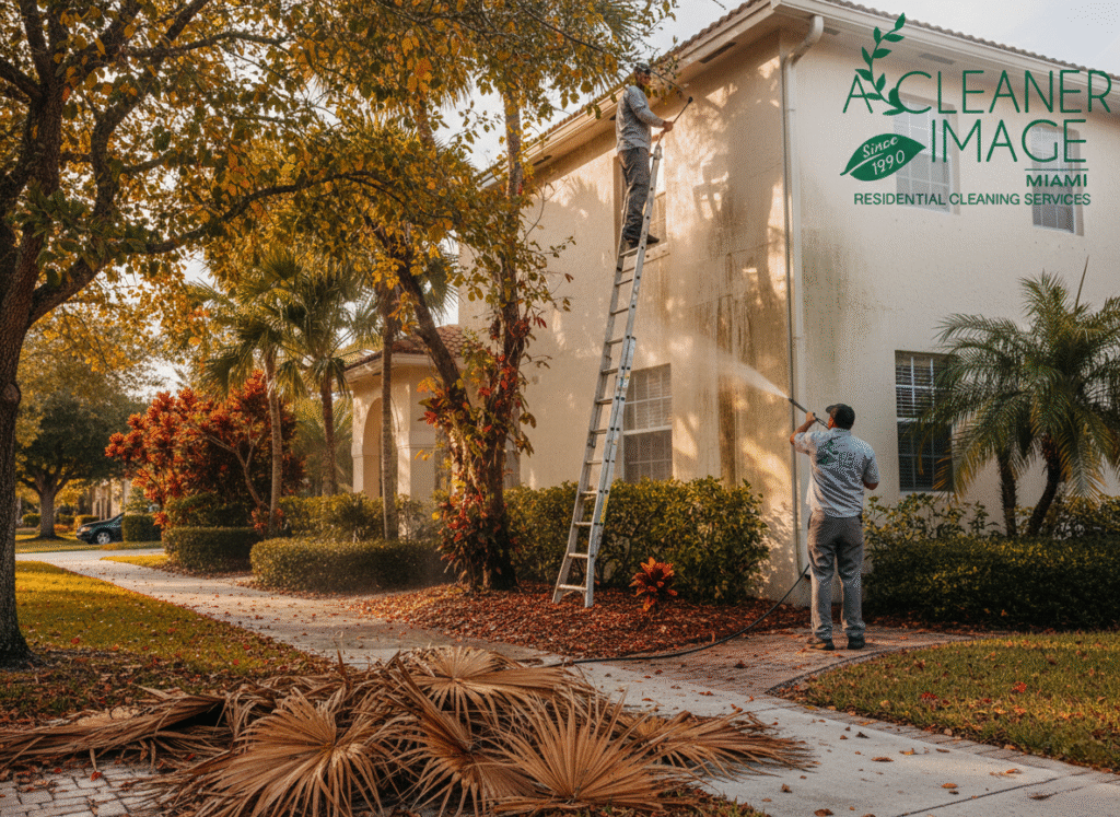 Worker pressure washing a home exterior surrounded by fall foliage.