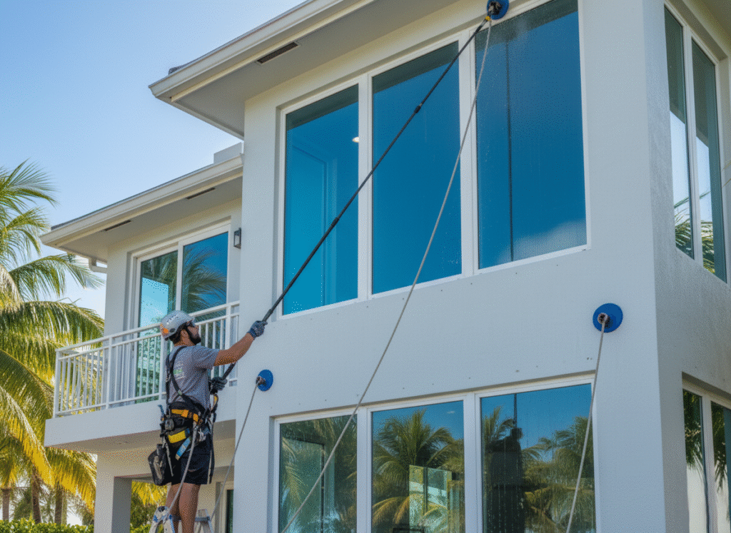 technician using purified water and an extension pole on a tall glass window.
