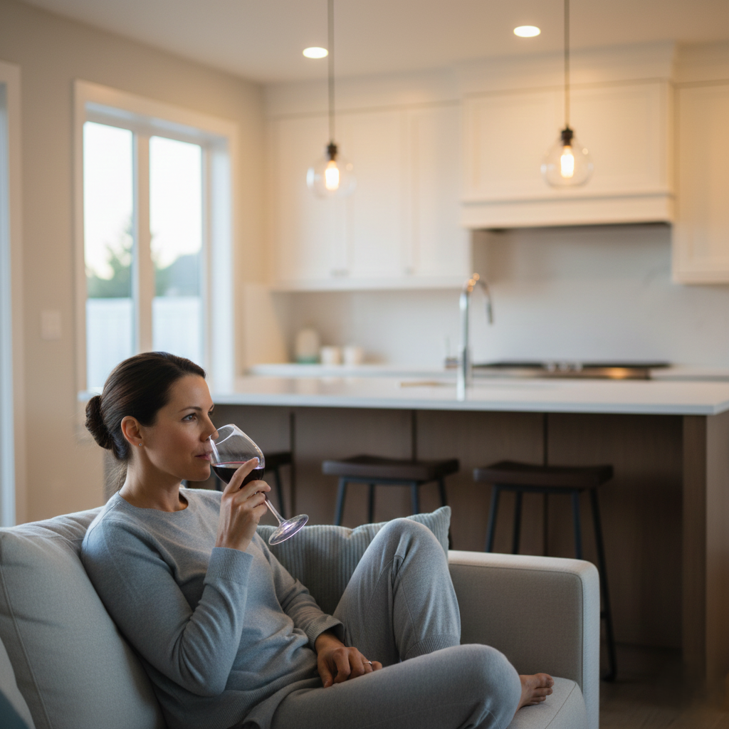 A professional relaxing at home after work with a spotless kitchen in the background.