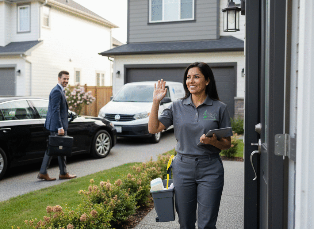 Cleaning technician arriving for a scheduled service while the homeowner leaves for work.
