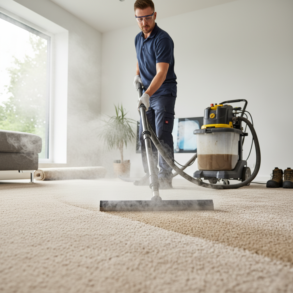 Professional steam cleaning a carpet.