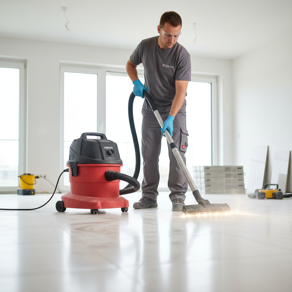 Technician using a HEPA vacuum on newly installed floors