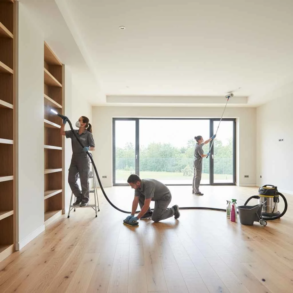 professional cleaners working in a newly built home