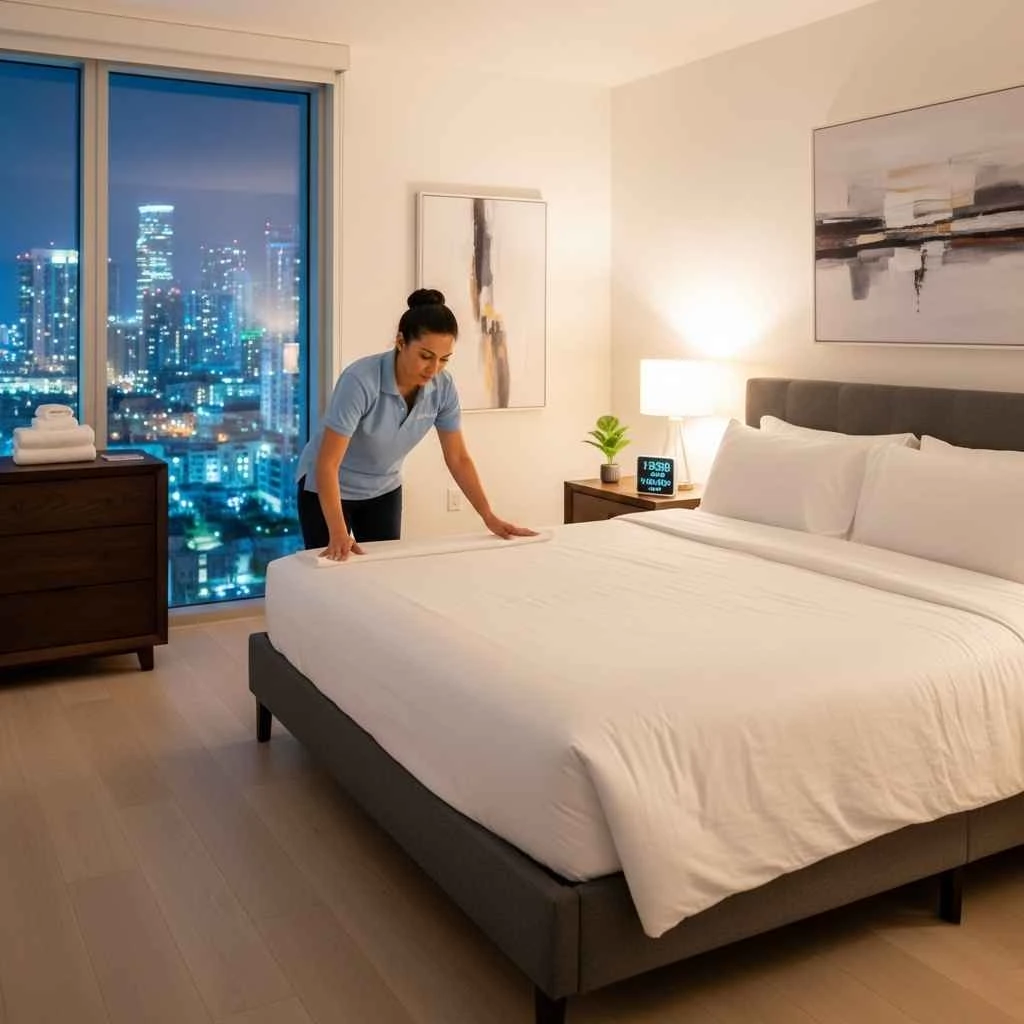 Professional cleaner preparing Airbnb bedroom