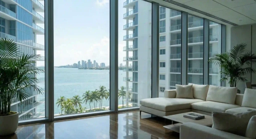 Miami living room with freshly cleaned windows and clear natural light