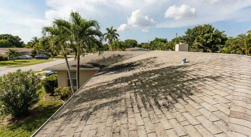 algae stained roof in Miami Dade before professional soft washing.