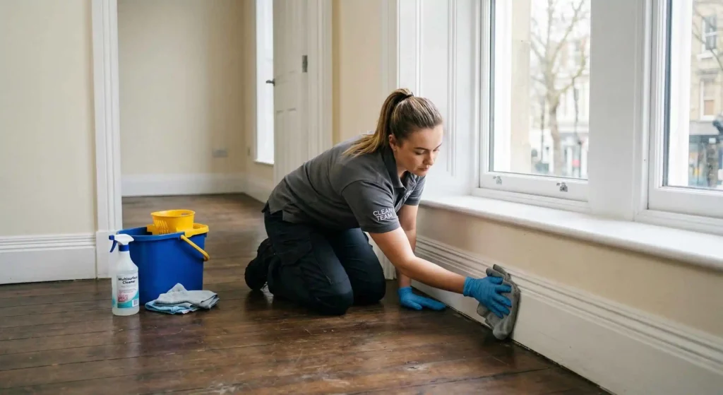 cleaner wiping baseboards and window frames during a move out clean.