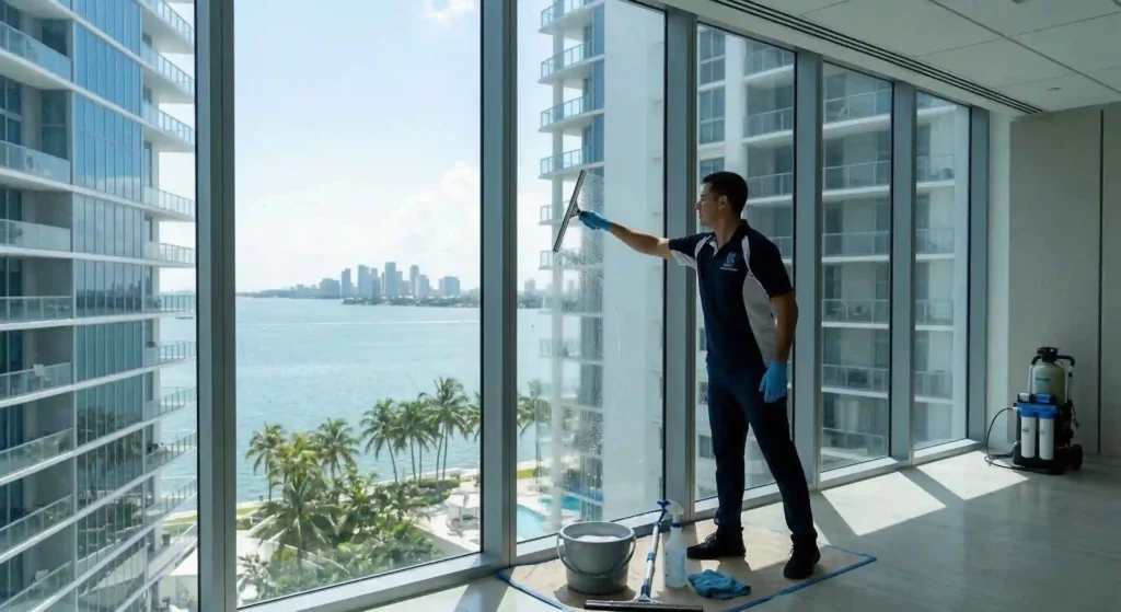 professional squeegee cleaning a large interior window.