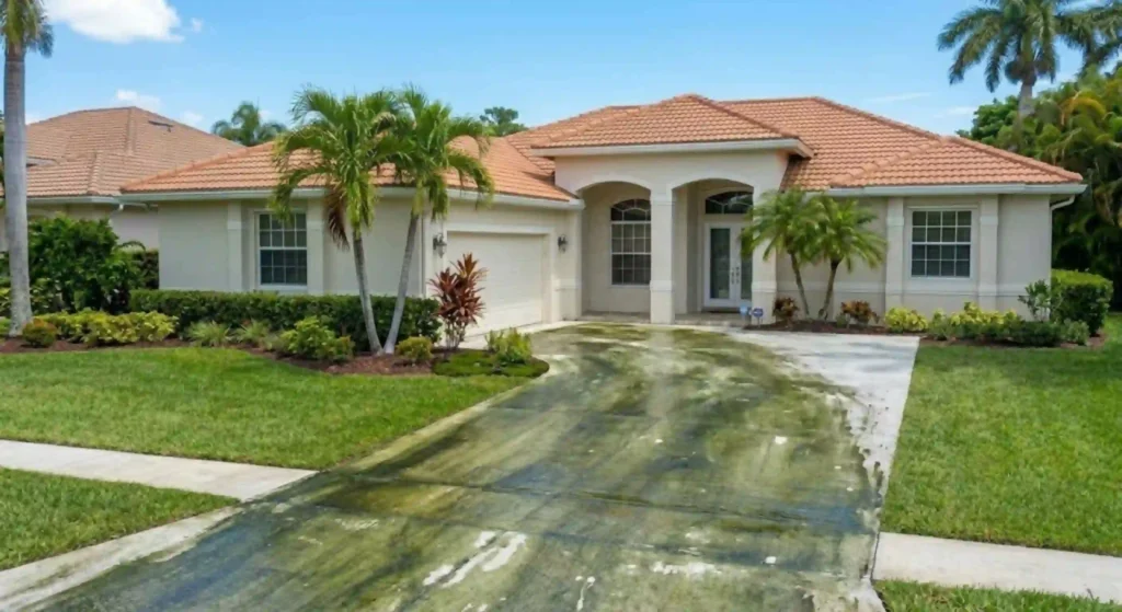 green, algae covered driveway before cleaning