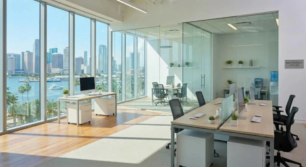 Clean and organized modern Miami office after recurring cleaning service