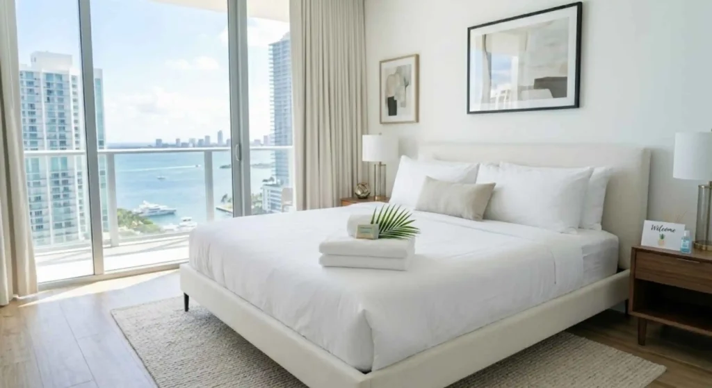 Freshly cleaned Airbnb bedroom setup in Miami