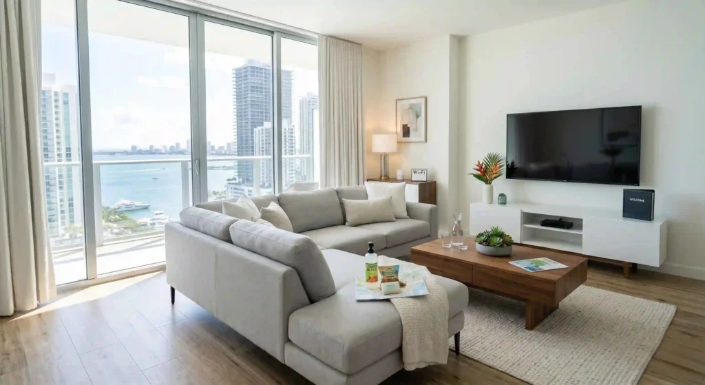 Spotless Miami Airbnb living room ready for guests