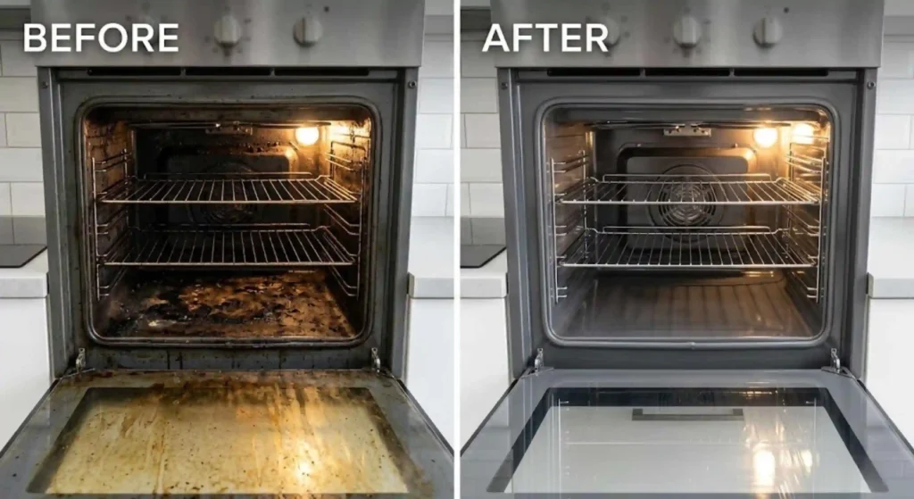 beforeafter image of deep cleaned oven