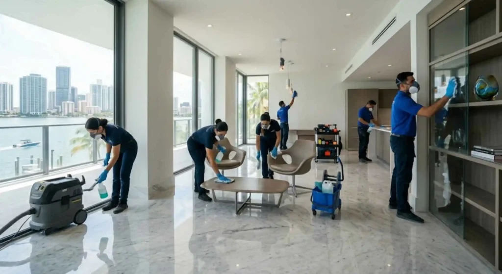 Professional post construction cleaning team removing dust in Miami home