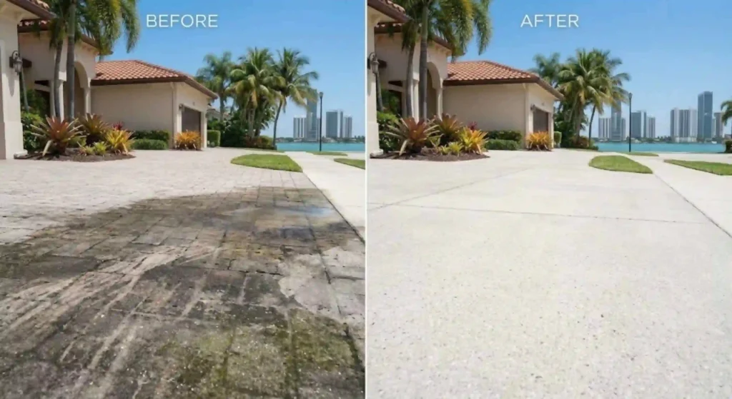 Concrete driveway before and after pressure washing in Miami