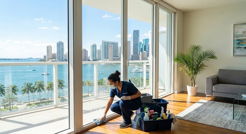 Professional cleaner dusting baseboards and window sills in Miami