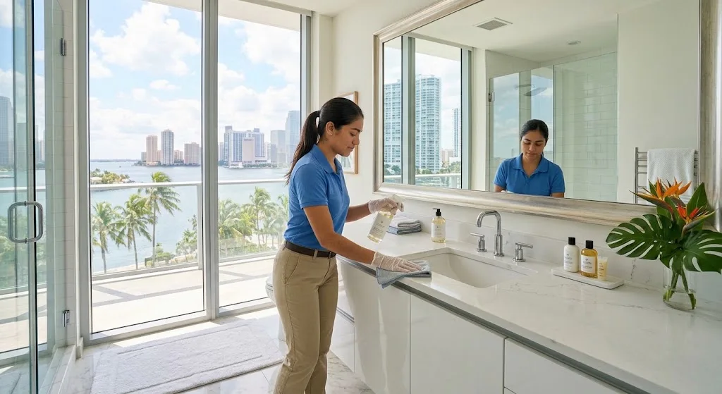 Bathroom sanitizing during residential maintenance cleaning in Miami