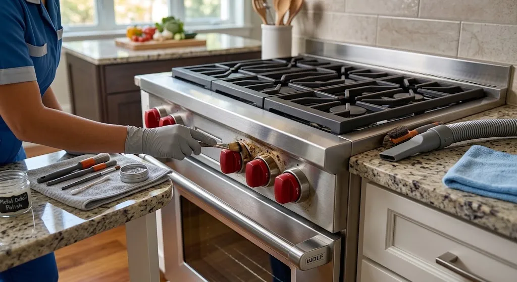 Deep cleaning behind kitchen appliances in a Miami home