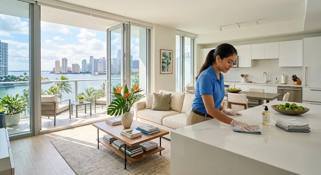 Professional maintenance cleaning service wiping surfaces in a Miami home