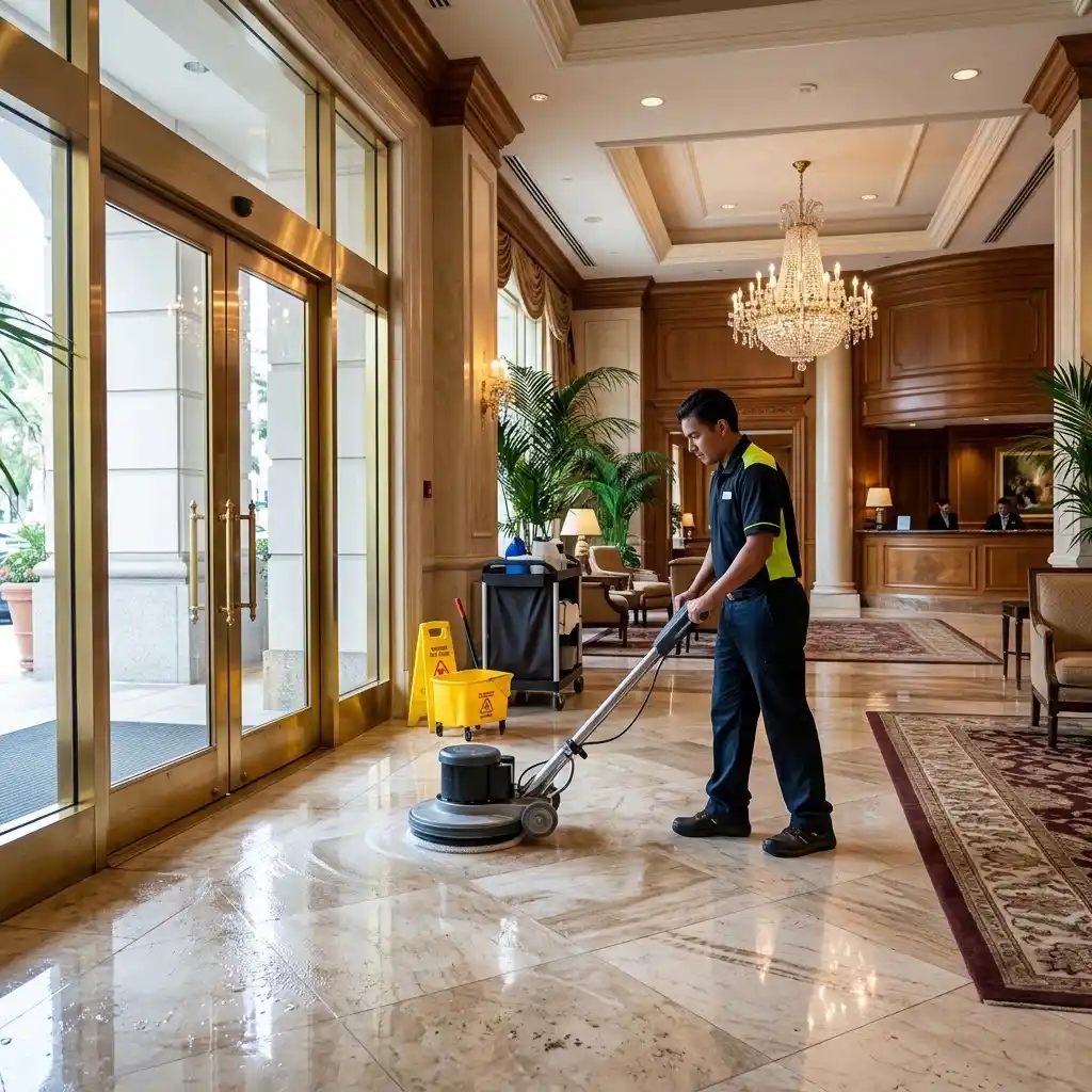 Commercial cleaner maintaining a busy luxury resort entrance in Miami Dade.