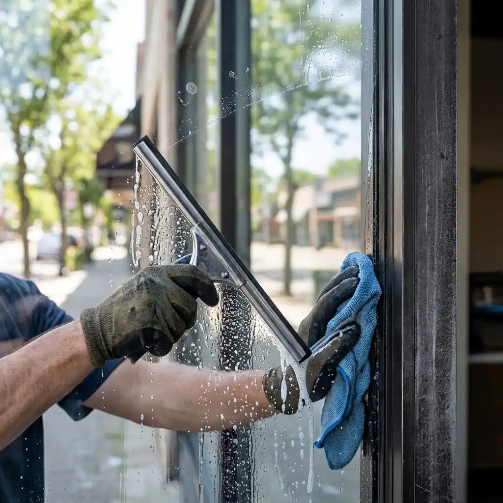 Professional exterior window cleaning removes grime and streaks from Miami storefront glass.